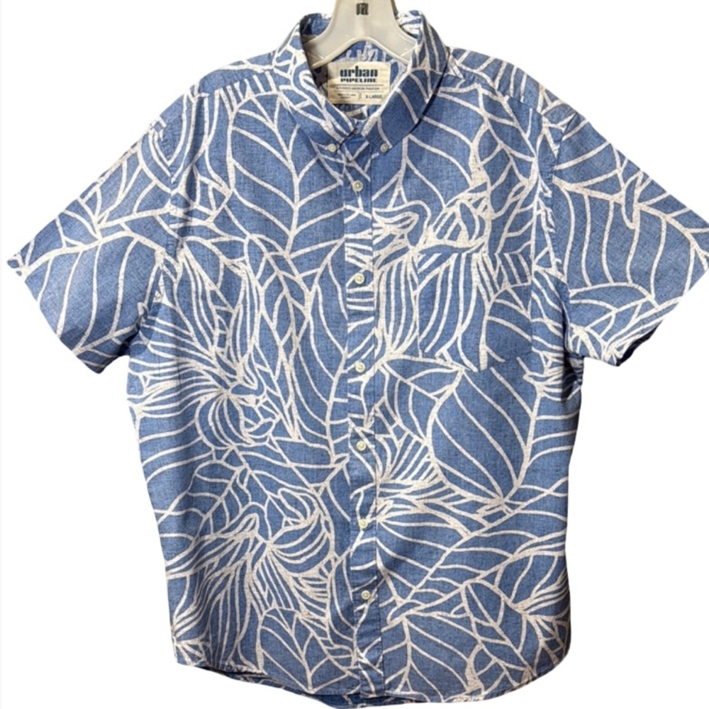 Urban Pipeline Blue & White Tropical Print Casual Button Down Shirt Men’s XL